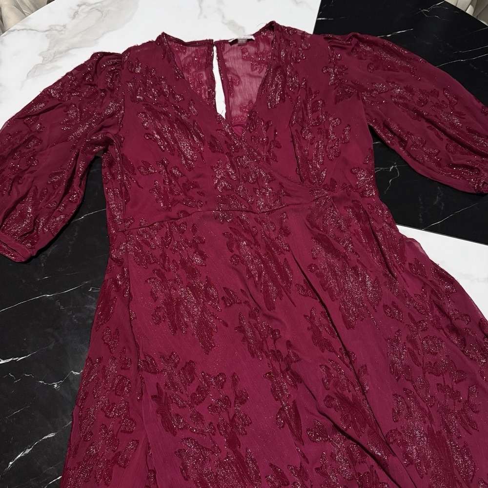 CALVIN KLEIN Purple Pink Jacquard Chiffon Hi-Low Fit & Flare Dress Sz 14 Women's - Picture 3 of 14